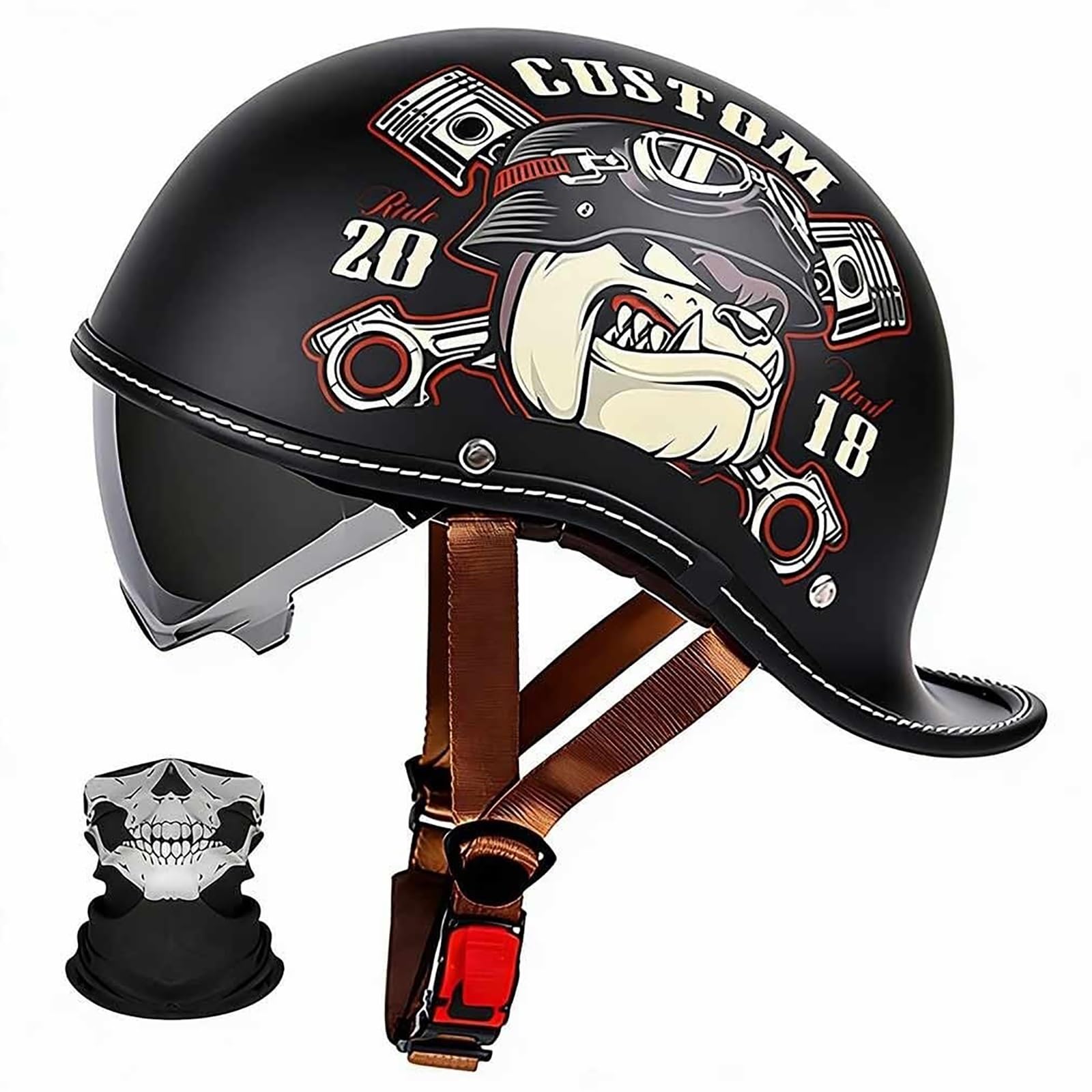 Kask Motocyklowy Jet z Homologacją ECE R22.06 i DOT, Styl Retro Niemiecki Ultra-Lekki z Blendą Przeciwsłoneczną, Legalny na Drogi dla Skutera Mopeda, Maska w Zestawie