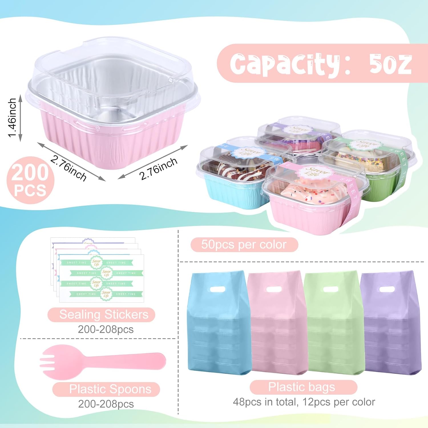 848 Pack Macaron Mini Cake Pans Set with Lids and Spoons Include 200 Macaron 5oz Disposable Aluminum Foil Baking Pans 200 Lids 200 Spoons 200 Sealing Stickers 48 Gift Bags for Dessert