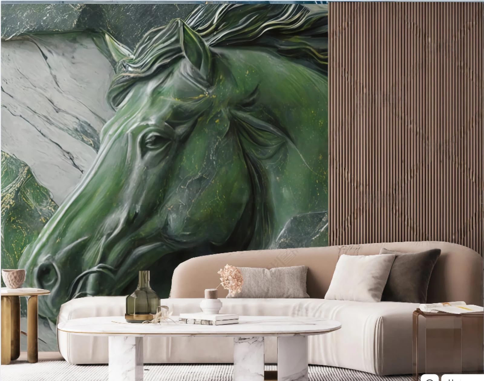 Tapeta nowoczesna minimalistyczna sztuka abstrakcyjna zielony koń relief marmurowy wzór krajobraz TV sofa tło tapeta ścienna salon restauracja kawiarnia mural, 3D, 300 x 210 cm