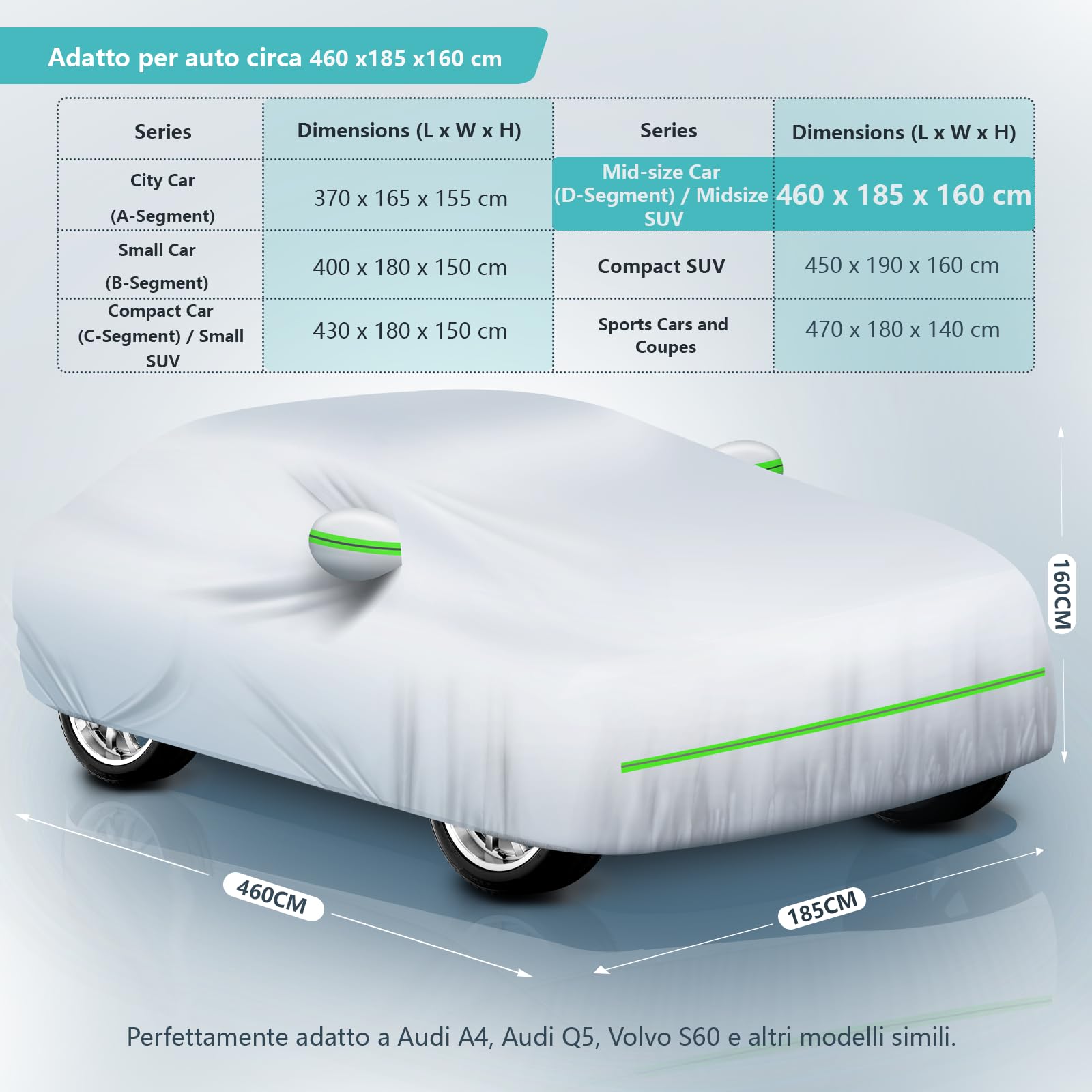 Telo Copriauto Impermeabile Anti UV Anti Vento e Antipolvere con Zip Laterale, Telo per Auto 460x185x160 cm Argento per Mid-size Car (Segmento D)