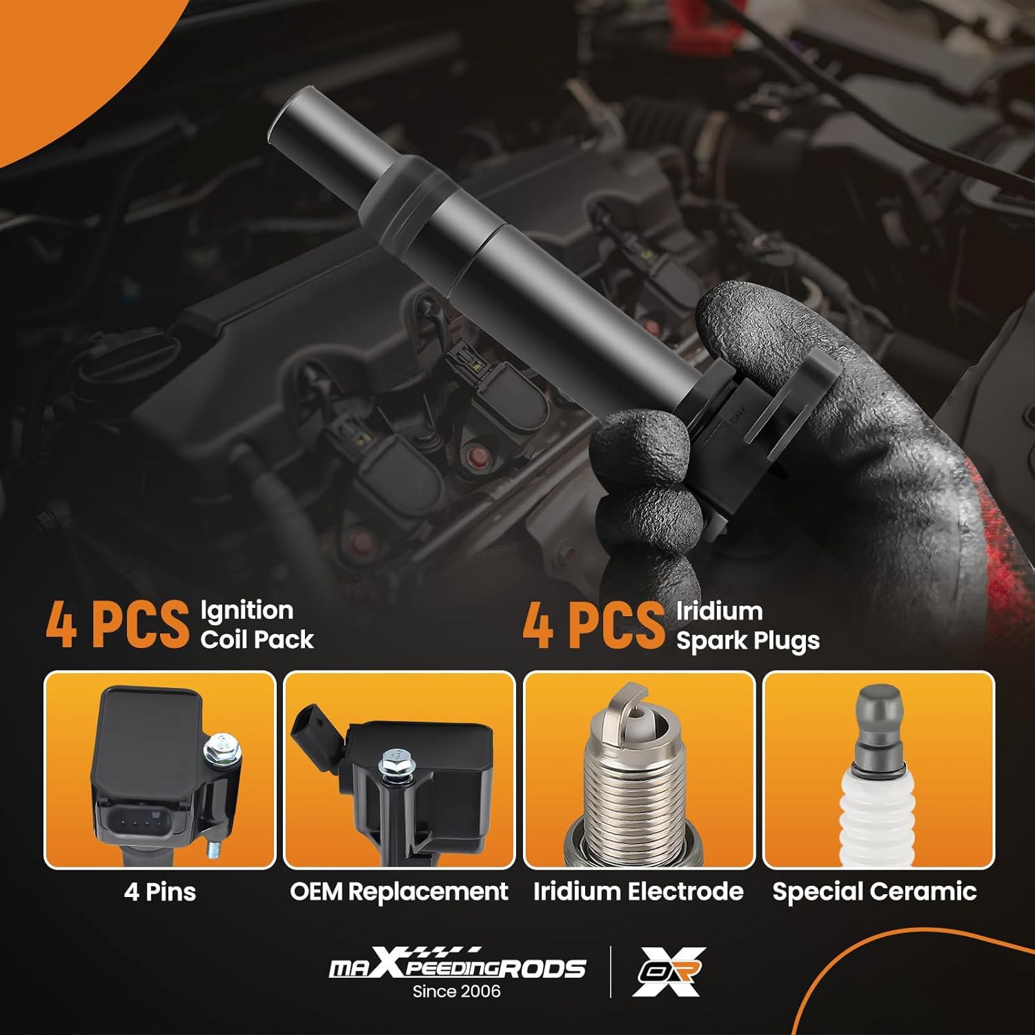 maXpeedingrods UF802 Ignition Coil 91970 Spark Plug for Chevy GMC Buick L4 Engine, 2018-2020 Terrain Equinox 1.5, 2016-2020 Malibu 1.5, 2016-2019 Cruze Encore 1.4 (Set of 4)