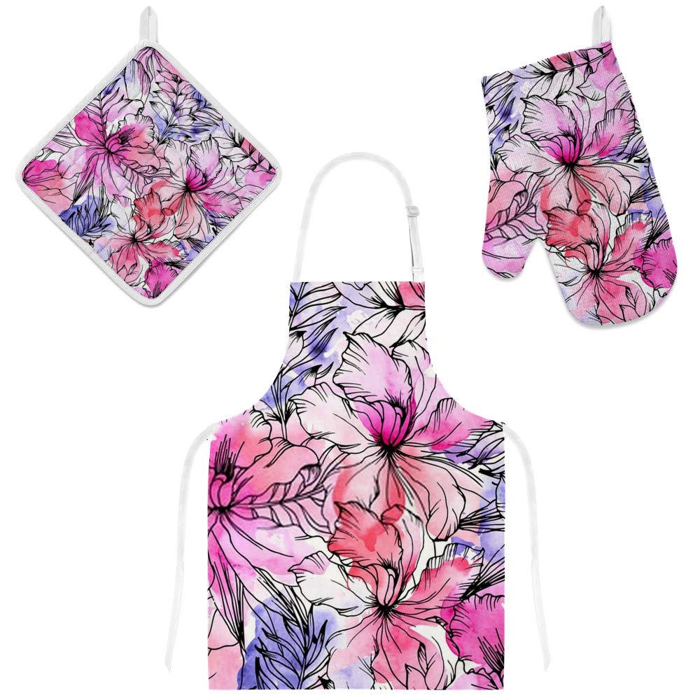 Tablier de cuisine 3 pièces fleurs gants de four idée cadeau pour passionnés de cuisine