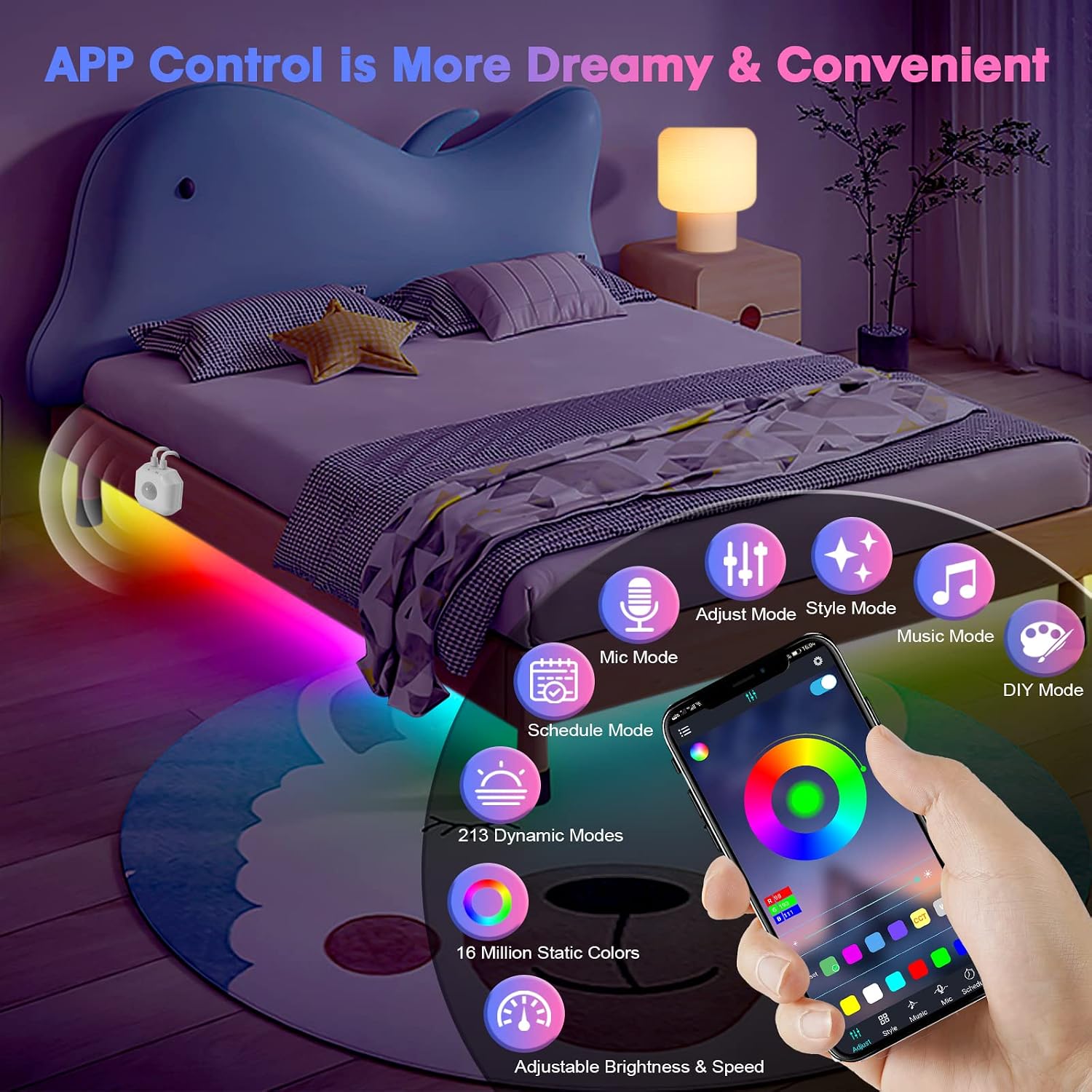 Motion Sensor Under Bed Lights, 9.8ft Colour Changing Motion Activated LED Light Strip with App & 2.4G RF Remote, 5V USB Stairs Light with Automatic Shut Off Timer for Bed,Wardrobe,Cabinet,Stair Decor