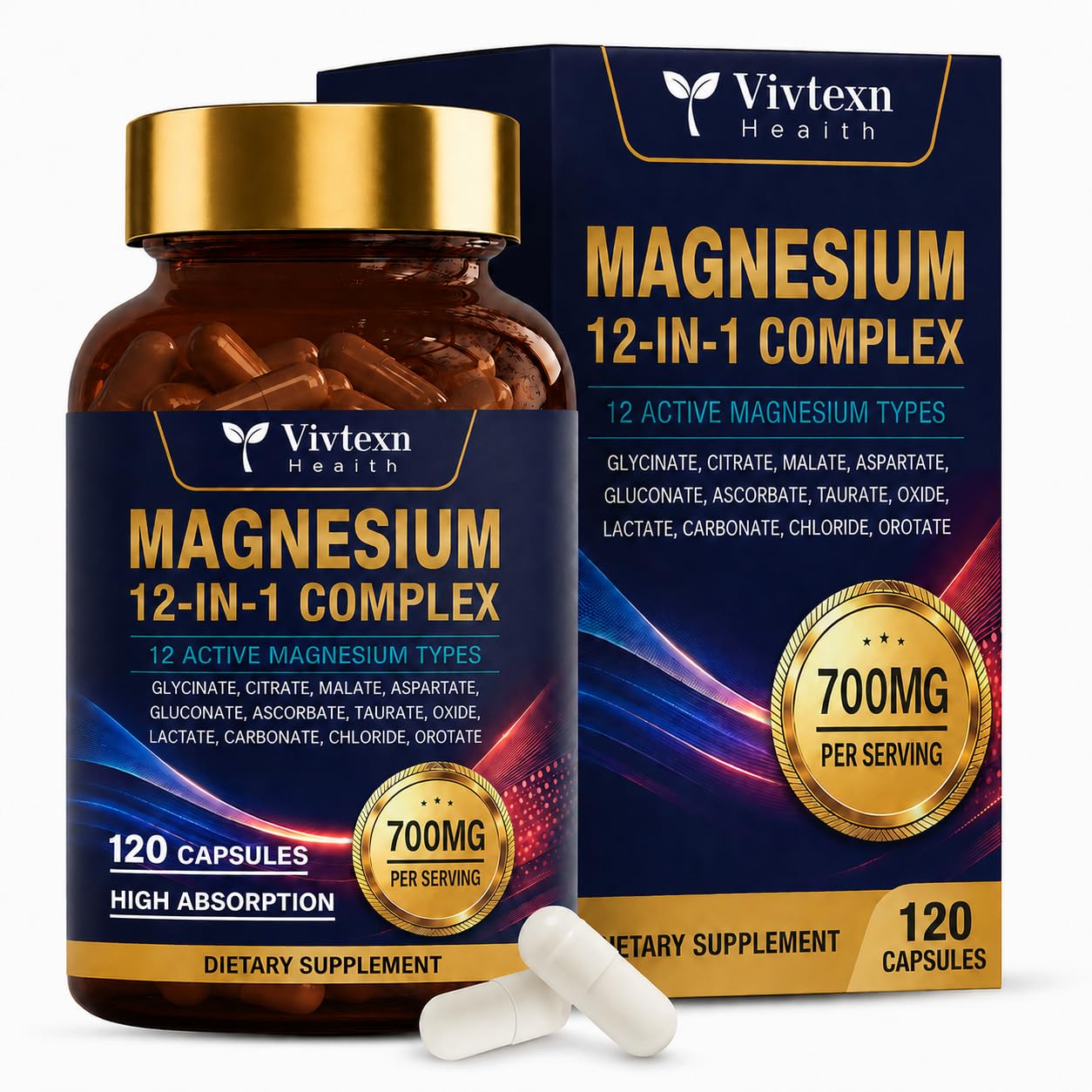 Magnesium Complex 12 in 1, 700 mg Magnesium Blend with 105 mg Elemental Magnesium, Magnesium Glycinate, Citrate, Malate & Taurate, Multi Magnesium Supplement, 120 Capsules, 120 Servings