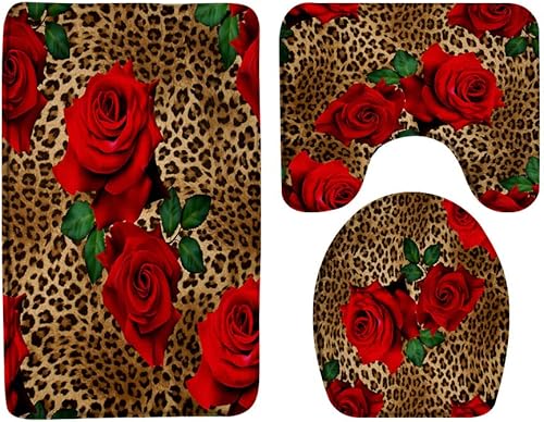 3 Pieces Bath Rugs Leopard Flower Bath Mat Red Rose Flower Mixed Wild Animal Skin Pattern Romantic Cheetah,Microfiber Memory Foam 18x30 Inch Bath