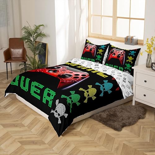 Miniatura 3 de Manfei Funda de edredón roja con estampado de consola de videojuegos, funda de edredón artística de graffiti de hueso de calavera gótica para