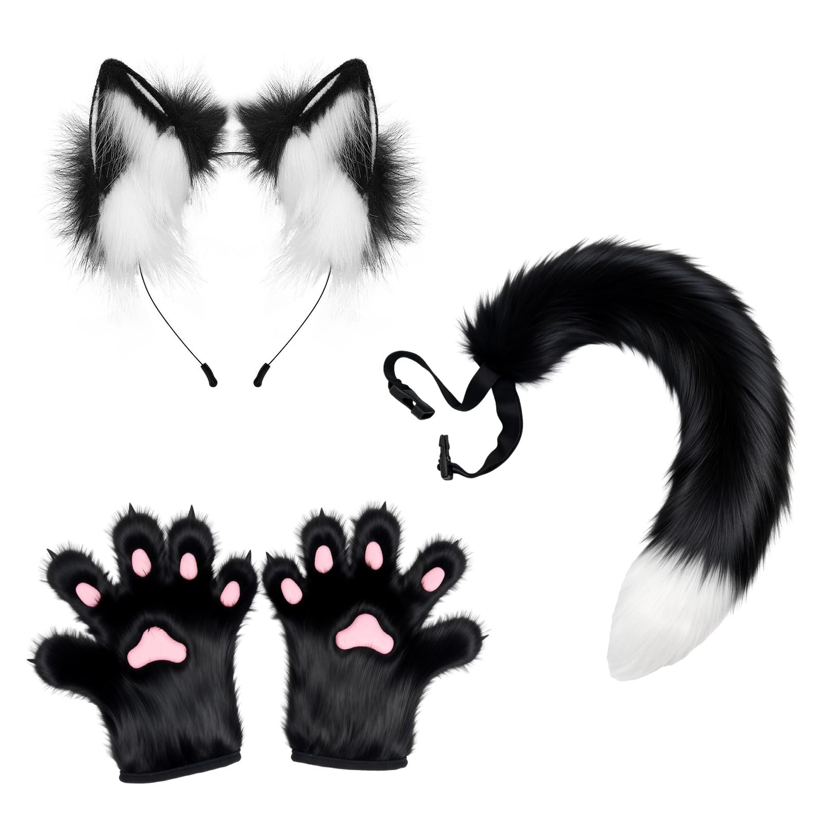 WHFLLIFE Faux Fur Fox Tail Cat Wolf Set, Furry Fox Wolf Cat Ears and Tail with Fluffy Paw Gloves, Halloween Costumes for Women Christmas Dress Up Party Cosplay