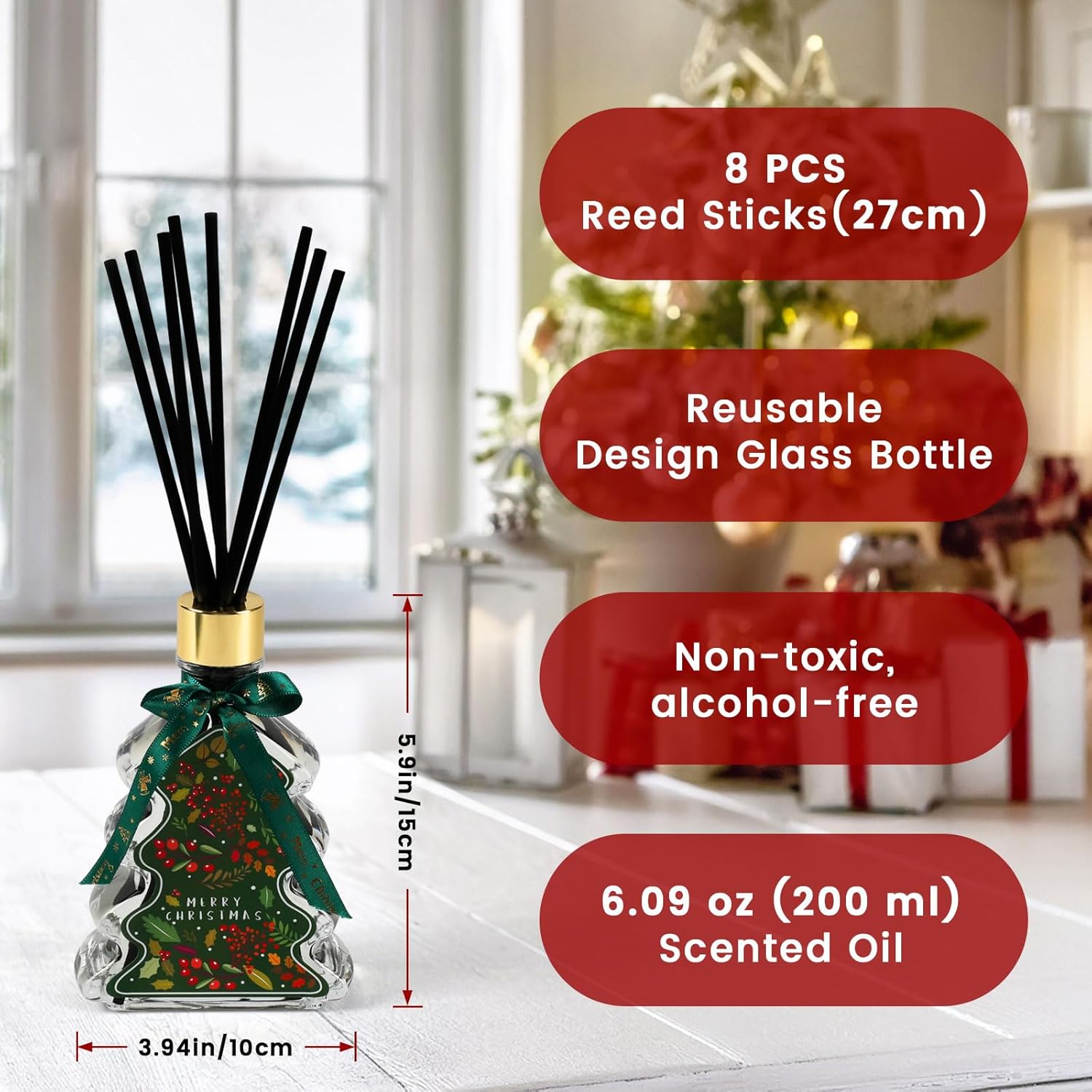 Brakula Christmas Reed Diffuser Set, Fireside Juniper & Balsam Scented, 8 Diffuser Sticks with Christmas Bottle Design, Home Decor Bedroom Living Room Office (6.09oz) - Image 3