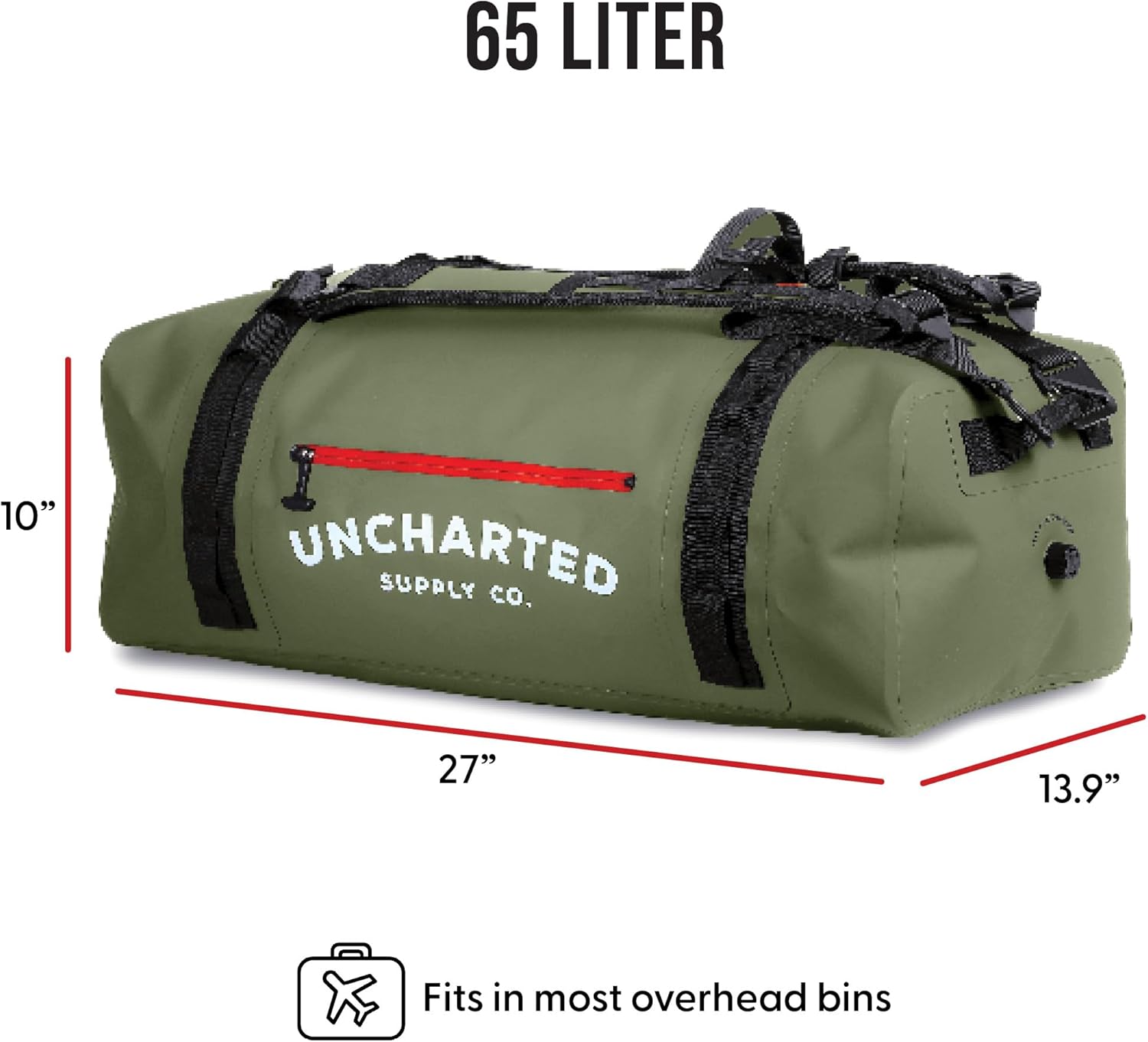 Uncharted Supply Co. The Vault Waterproof Duffel Bag - Airtight bag with Backpack Straps, Carry-On Size, Perfect for travel, boating, camping, recreation. (Olive, 65L)