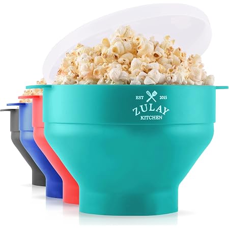 Bol à Popcorn Micro-ondes En Silicone Pliable - 2 Pièces Avec Couvercle (15x12.7cm) - Rouge/Vert