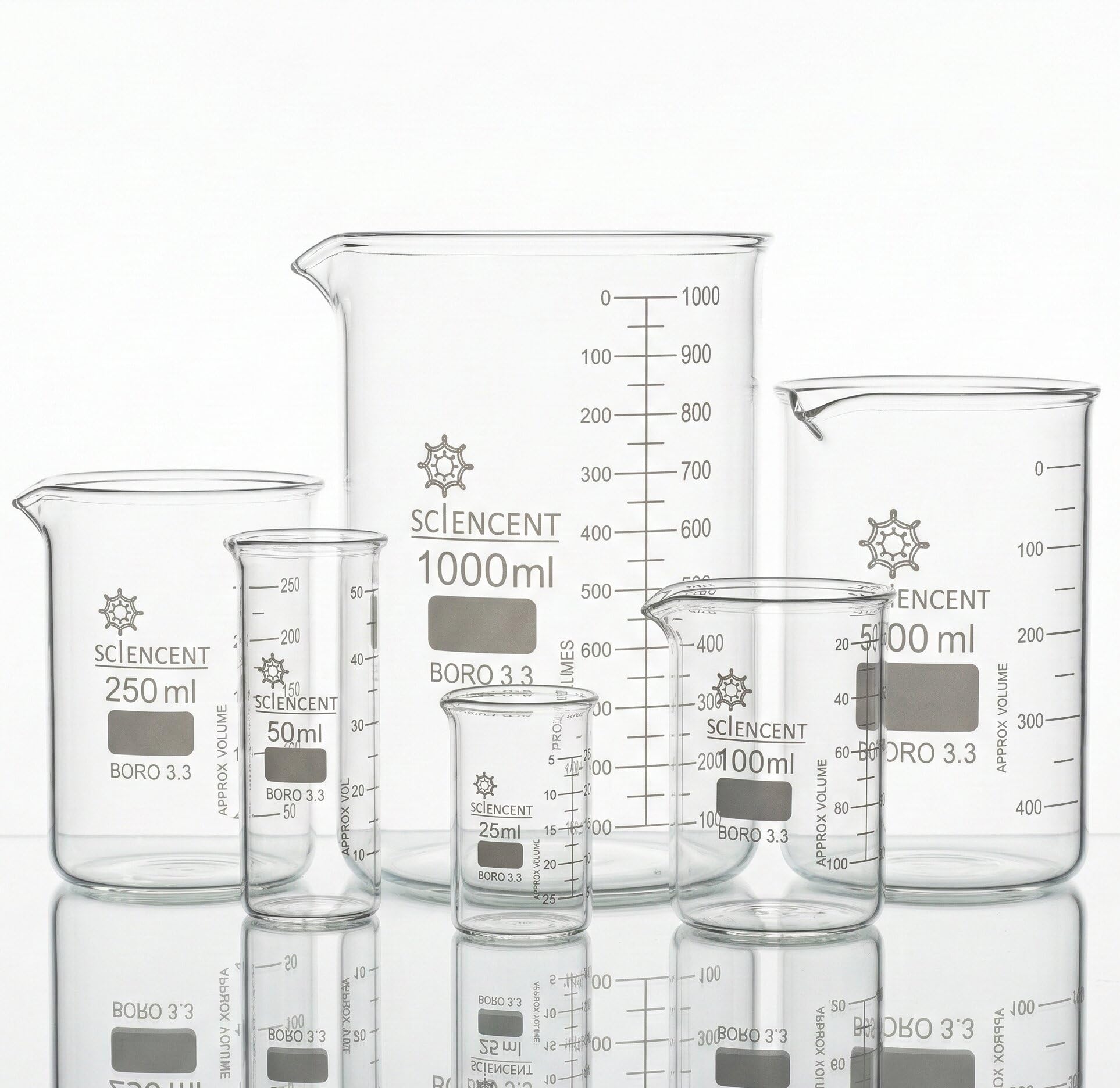 Vaso de cristal transparente de 50 ml, 100 ml, 250 ml, 500 ml, 1000 ml vaso medidor de borosilicato, vaso de cristal para escuela, química, laboratorio, suministros de estudio. Glass Beaker set of 5