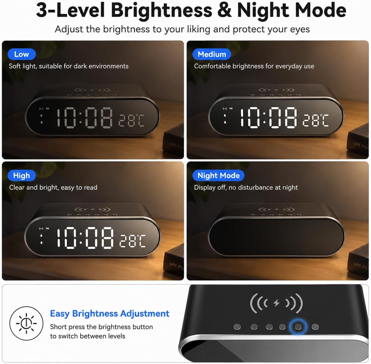 Alarm Clock for Bedrooms with Wireless Charging, Digital LED Clock with Temperature & Date Display, 3-Level Brightness, 12/24H Bedside Clock for iPhone, Samsung & Qi Devices (Black) image 5