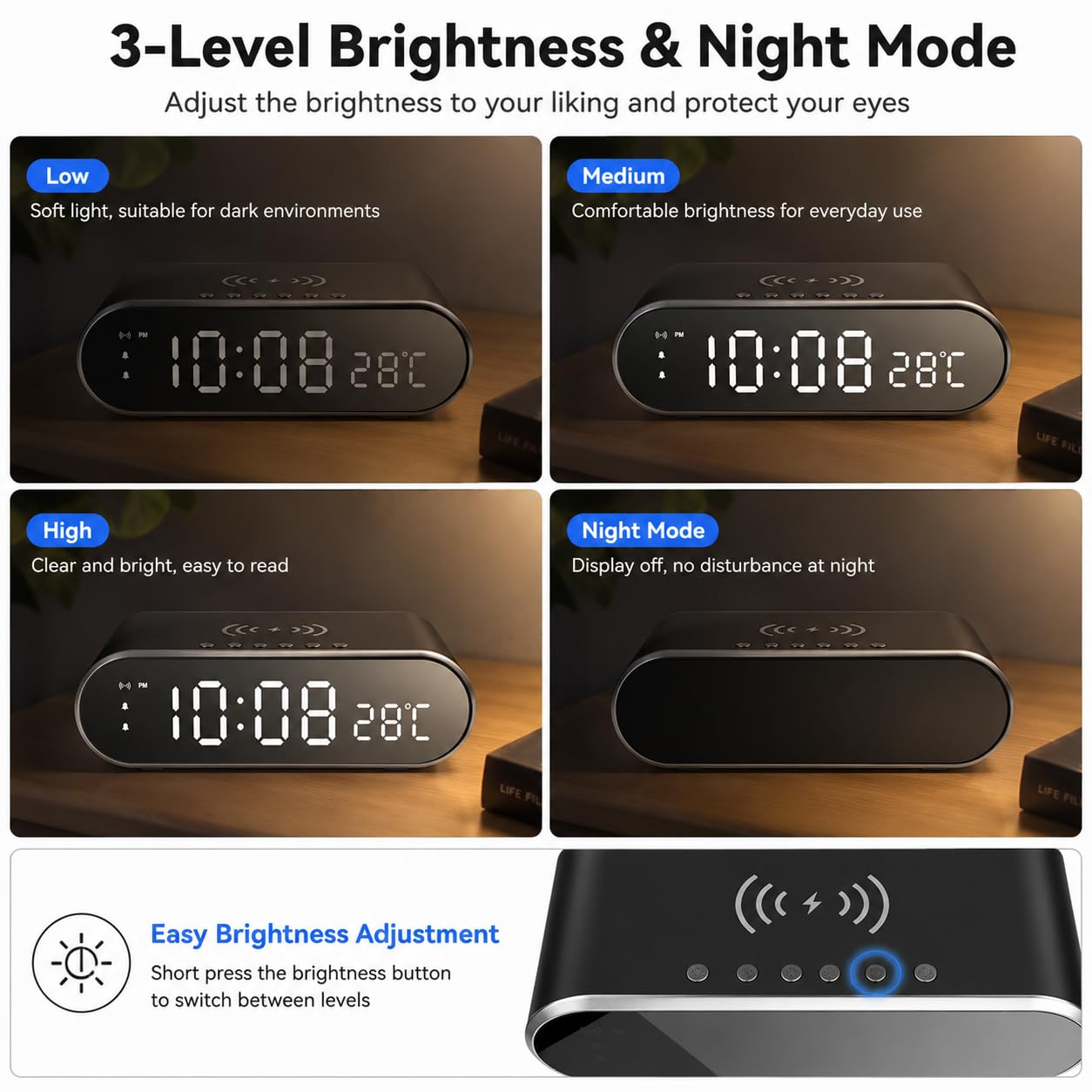 Sveglia per camere da letto con caricabatterie per telefono, piccolo orologio digitale da tavolo con visualizzazione della temperatura, sveglia con stazione di ricarica wireless, sveglia carina con
