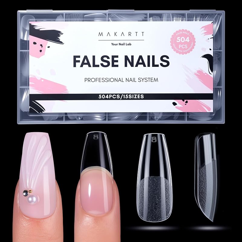 Medium Coffin Nail Tips: 504 PCS Pre-Etched Clear False Nails Tips, 15 Sizes Full Cover Half Matte Soft Acrylic Press On Nail Extensions Supplies Salon and DIY at Home