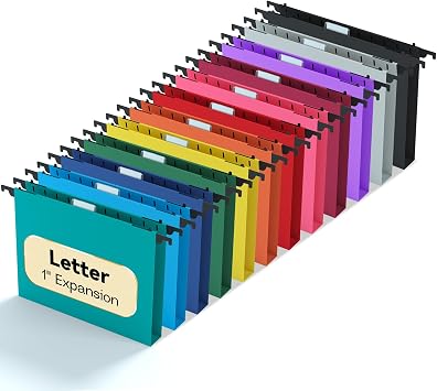 Plastic 1" Expansion Hanging File Folders Letter Size,12 Pack Reinforced Heavy Duty Hang Folder with Tabs,Office Filing Cabinet Folder for School/Home,Colored Hanging Organizer for File Box