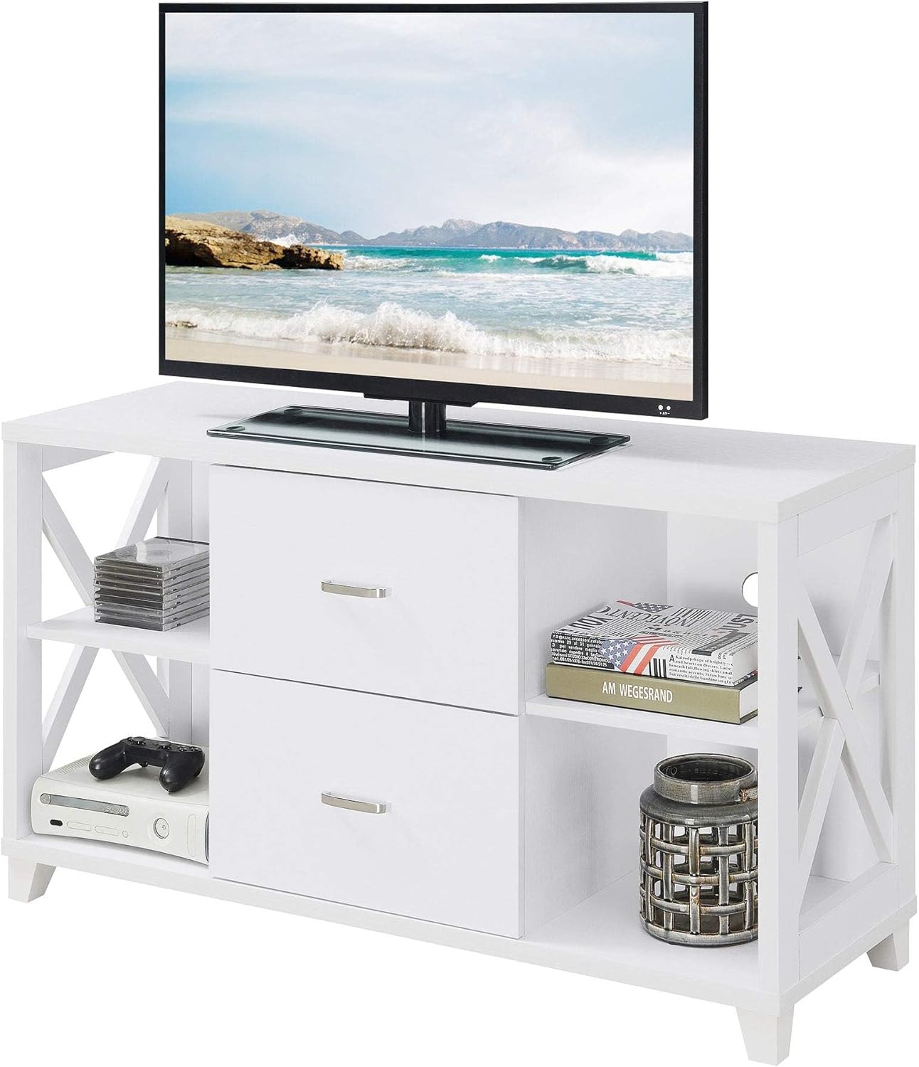 Convenience Concepts Oxford Deluxe 2 Drawer TV Stand with Shelves for TVs up to 55 Inches, White