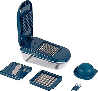 MASTRAD – Corte de verduras con depósito – 3 rejillas – Peine de limpieza – Fácil de usar – Comodidad y seguridad – Color azul