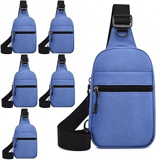 6 Pack Mini Sling Bags Bulk for Women Men, Blue Small Crossbody Chest Bags, Lightweight Oxford Shoulder Bags with Adjustable Switchable Strap for Travel, School Events, Festival, Party Favors