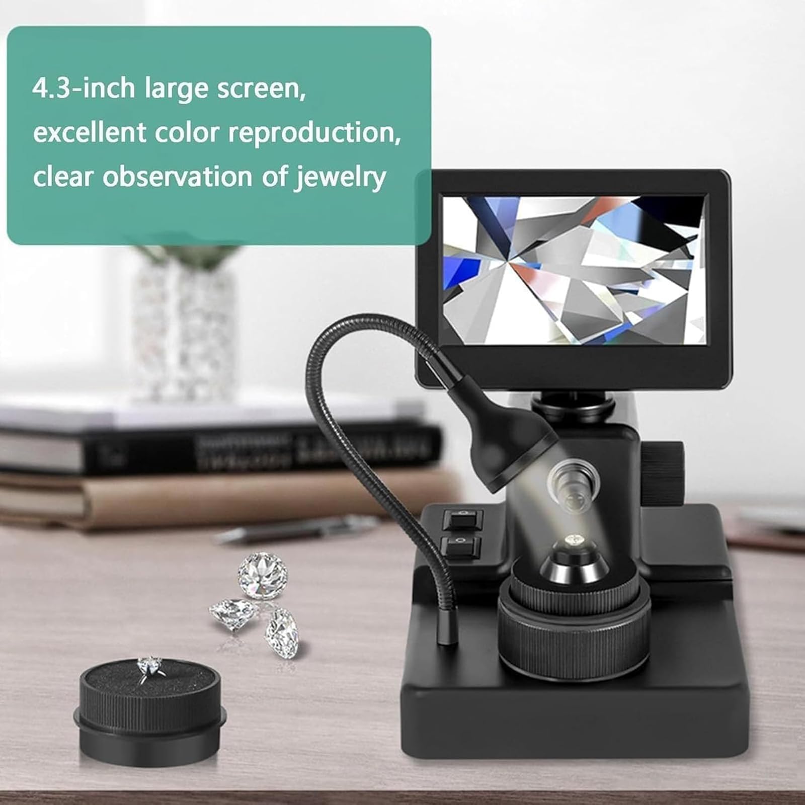 Microscopio digitale con LCD da 4,3 pollici, ingrandimento 50-1000x, luce LED, messa a fuoco regolabile per test su pietre preziose e diamanti