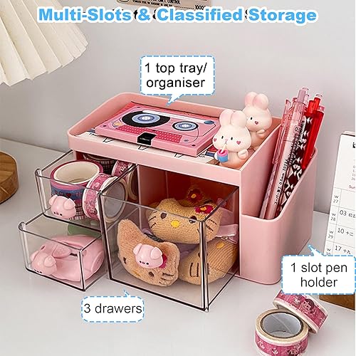 Miniatura 3 de Marte Vanci Organizador de escritorio con 3 cajones, bonito organizador de escritorio de papelería, caja de almacenamiento de maquillaje de