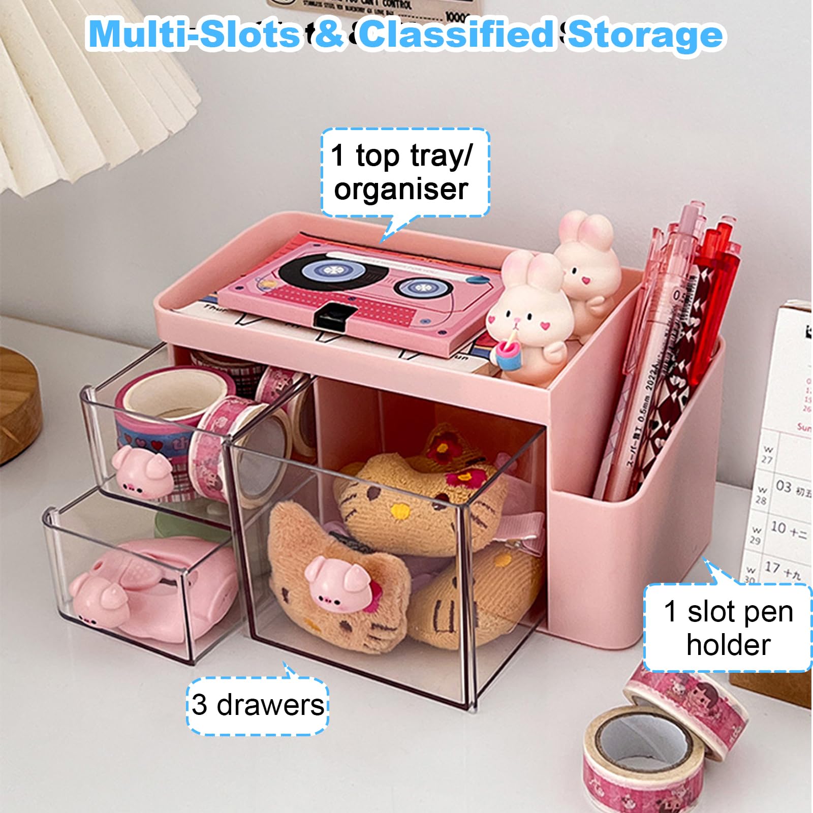 Marte Vanci Desk Organiser with 3 Drawers, Cute Desktop Tidy Stationery Organiser with Pen Holder - Image 3