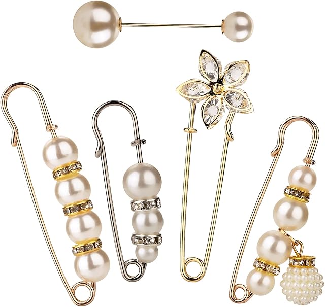 Yolev 5 Pieces Brooch Pins Artificial Pearl Safety Pins Heavy Duty Safety Pins Sweater Shawl Clip Safety Pins Beautiful and Practical Rhinestone Pins for Women