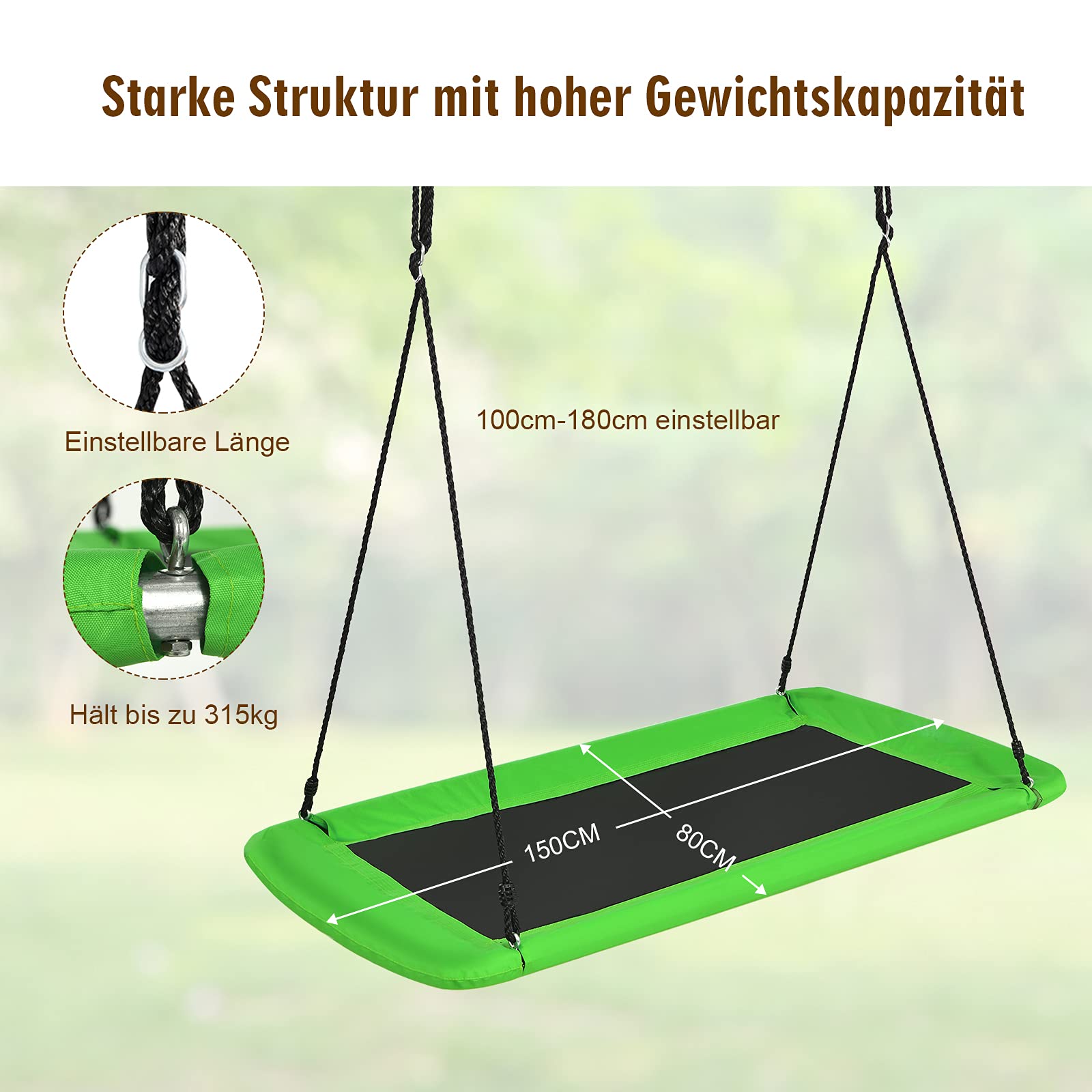 DREAMADE Nestschaukel, 100-180 cm höhenverstellbar, Baumschaukel bis 150 kg belastbar, Tellerschaukel für Innen & Außenbereich, Gartenschaukel für Kinder & Erwachsene, 150 x 80 cm (Grün)
