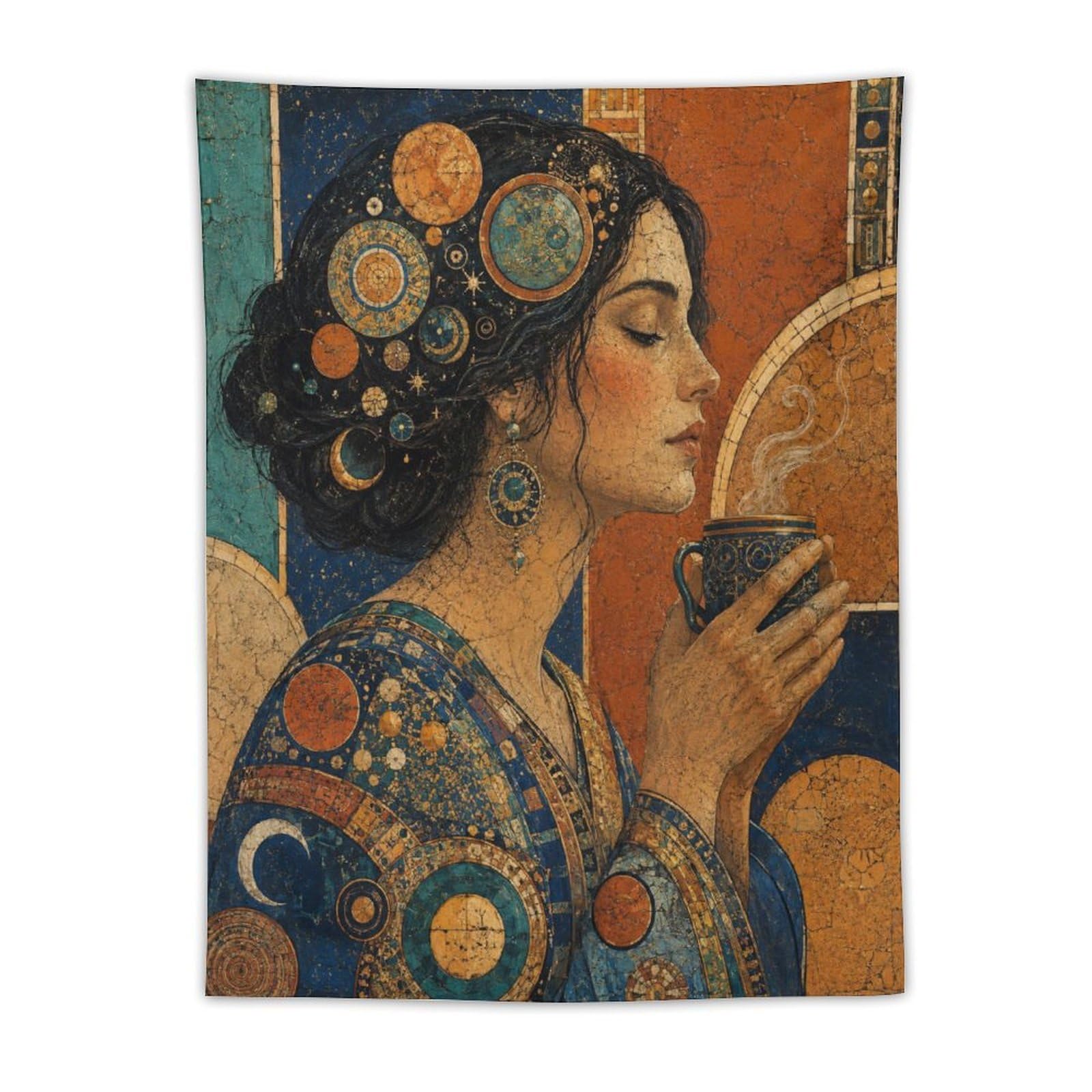 H3B8U2Y5 Elegant Woman with Teacup Wall Tapestry, Mosaic, Golden Mosaic