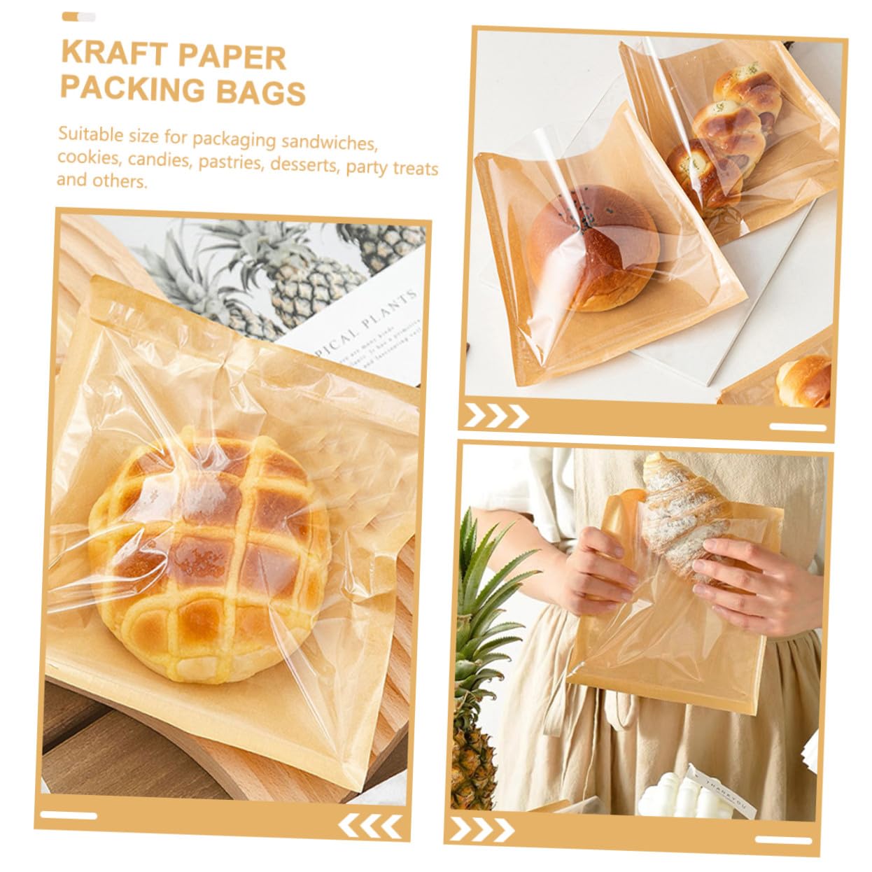 VALICLUD Bolsas de Forma Segura de Papel Marrón 100 para Panadería con Ventana Transparente, Bolsas a Prueba de Grasa para Empacar Pan Casero, Galletas y Postres