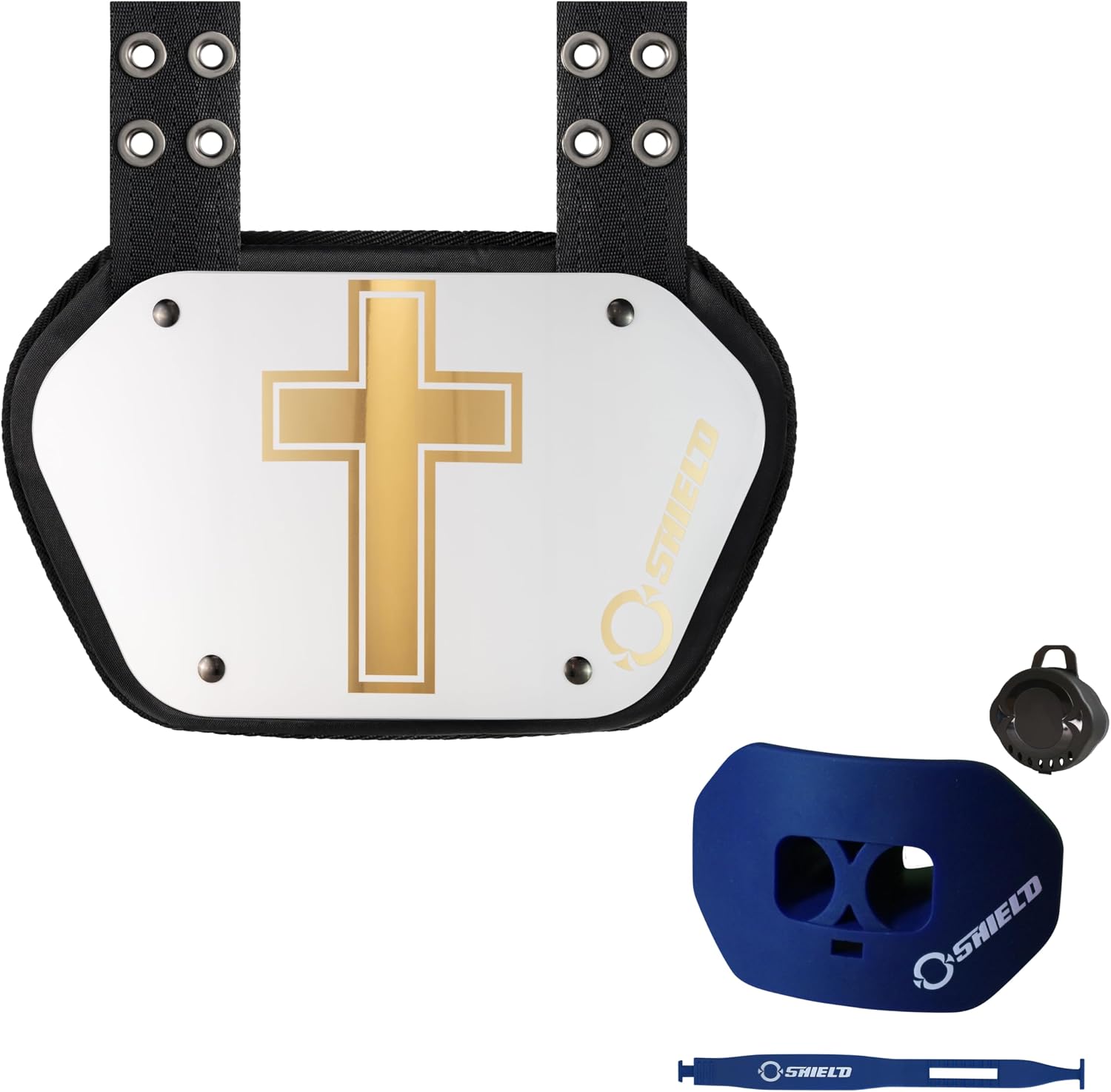 O Shield Holy Cross Black Football Backplate with Royal Blue Mouth Guard, Backplate Football with Mouthguard, Sold by Package, Adult Fit