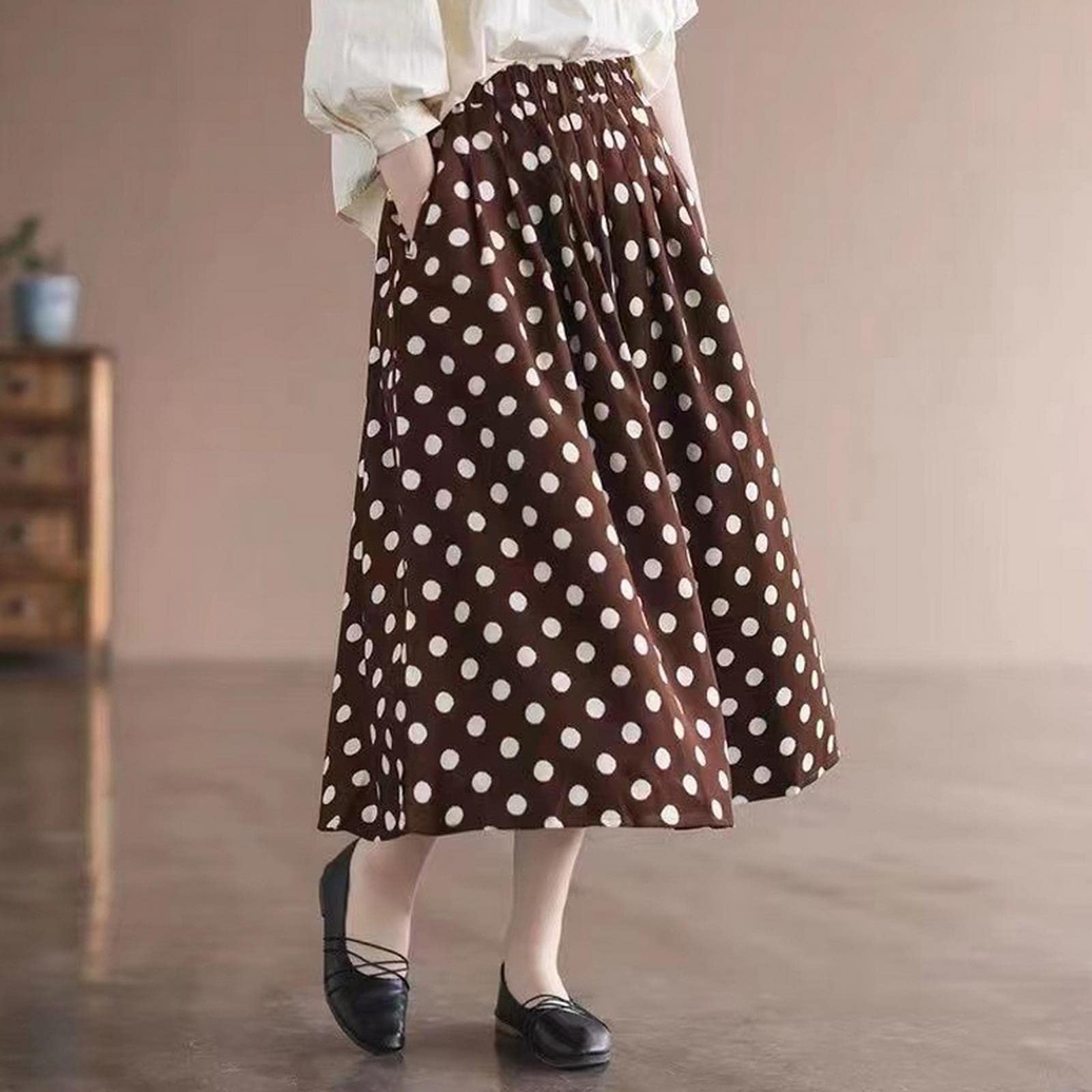 Falda larga con estampado de lunares, falda de medio cuerpo femenina primavera y verano nuevo temperamento retro literario elegante bolsillo cintura alta falda acampanada