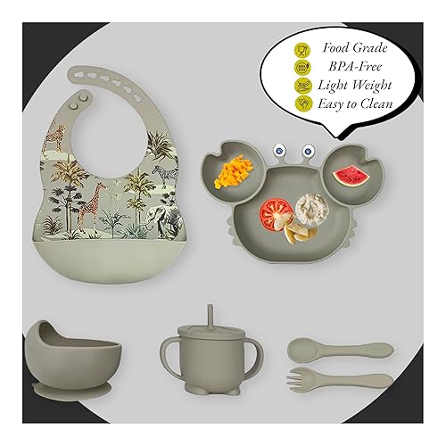 Miniatura 3 de 6 piezas Baby Essentials de silicona, suministros de destete LED para bebés, cuenco de ventosa, Platón dividido para Bebe, babero ajustable, taza,