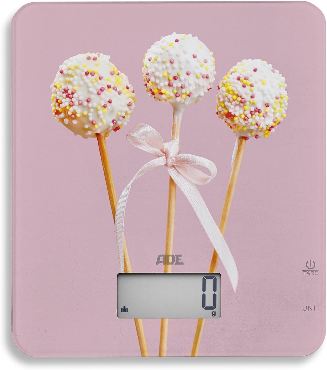 ADE KE1719 Britney Digital kitchen scale. Elegant design with cakepops. Precise measurements up to 5kg. Safety glass surface. Easy to store: only 1.8cm. Batteries incl.