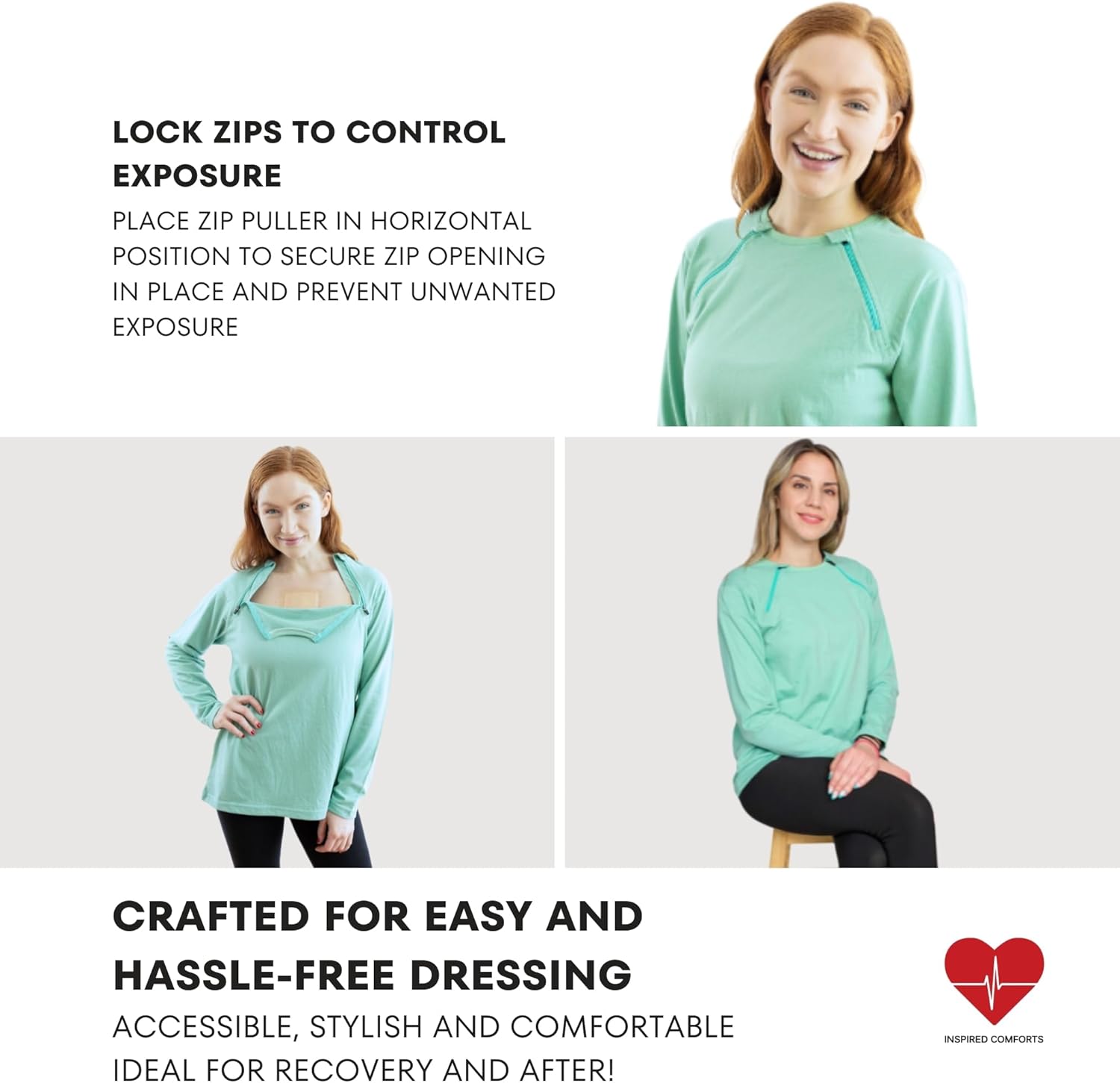 Inspired Comforts Women's Chemo Port Access Long Sleeve Shirt with Dual Zip Access - Image 3