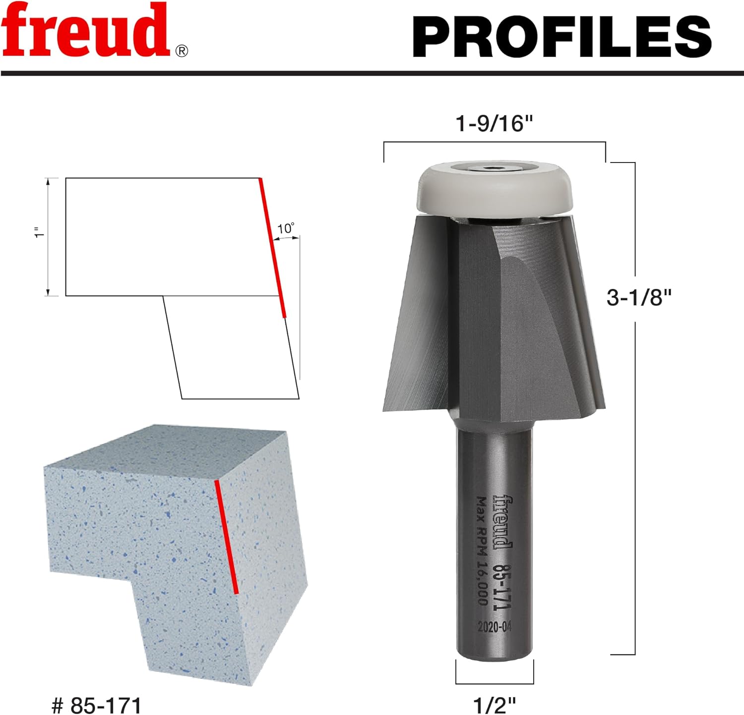 Freud 85-171: 1-9/16" (dia.) Bevel Bowl Bit with 1/2" shank, 10¡ angle