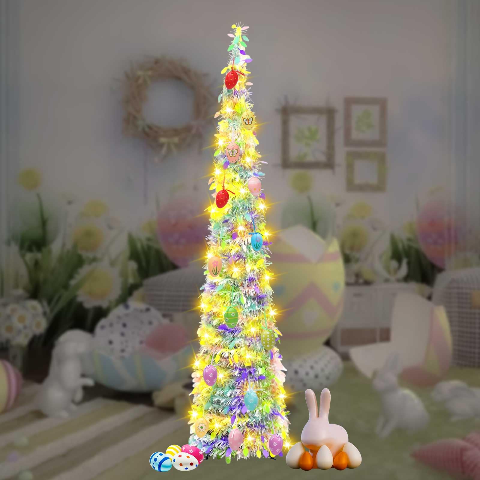 Ruaizel Pop Up Easter Tree, Collapsible Artificial Easter Tree with Lights for Xmas Holiday Party Carnival Decorations