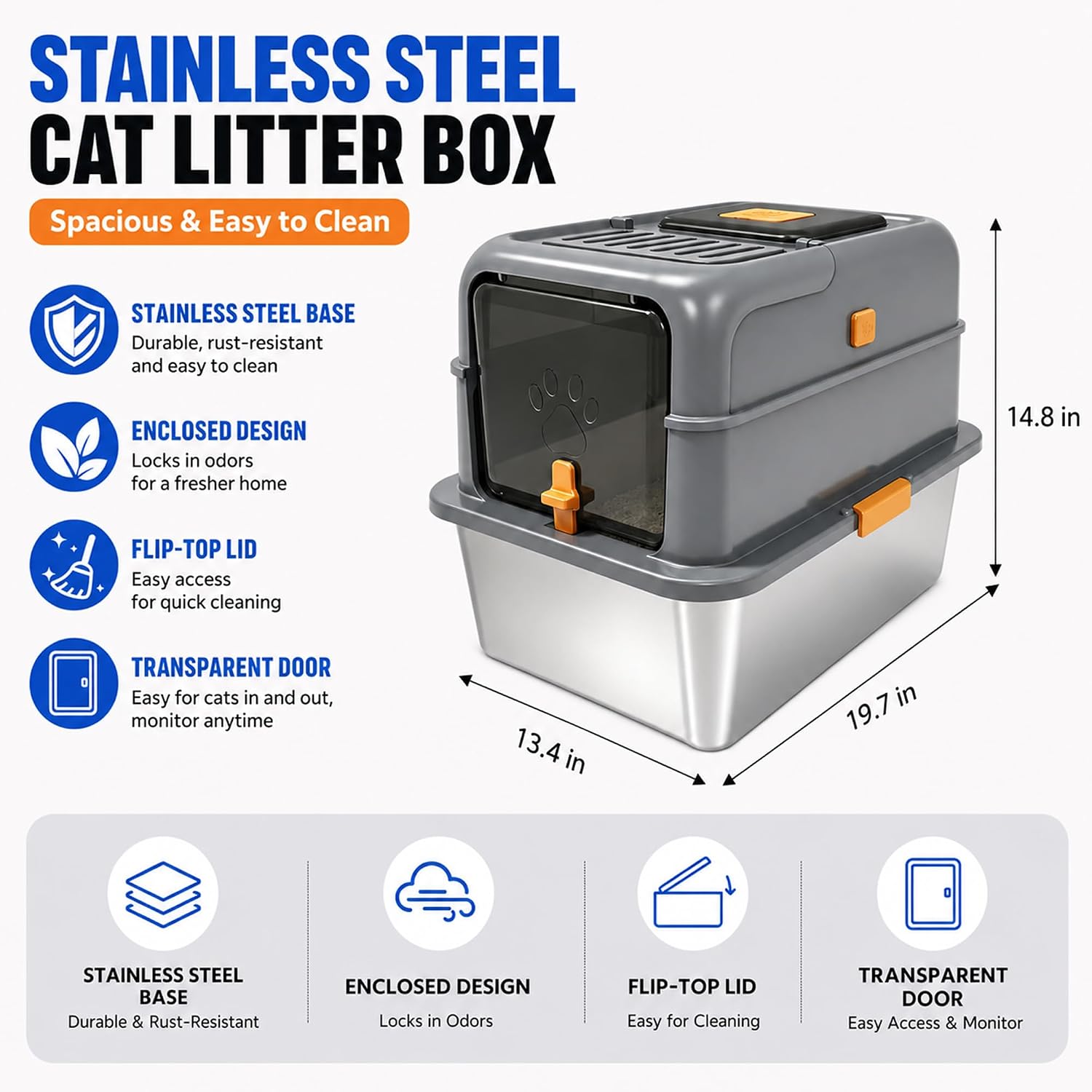 Stainless Steel Cat Litter Box with Lid, 3-in-1 Enclosed, Odor Control image 2