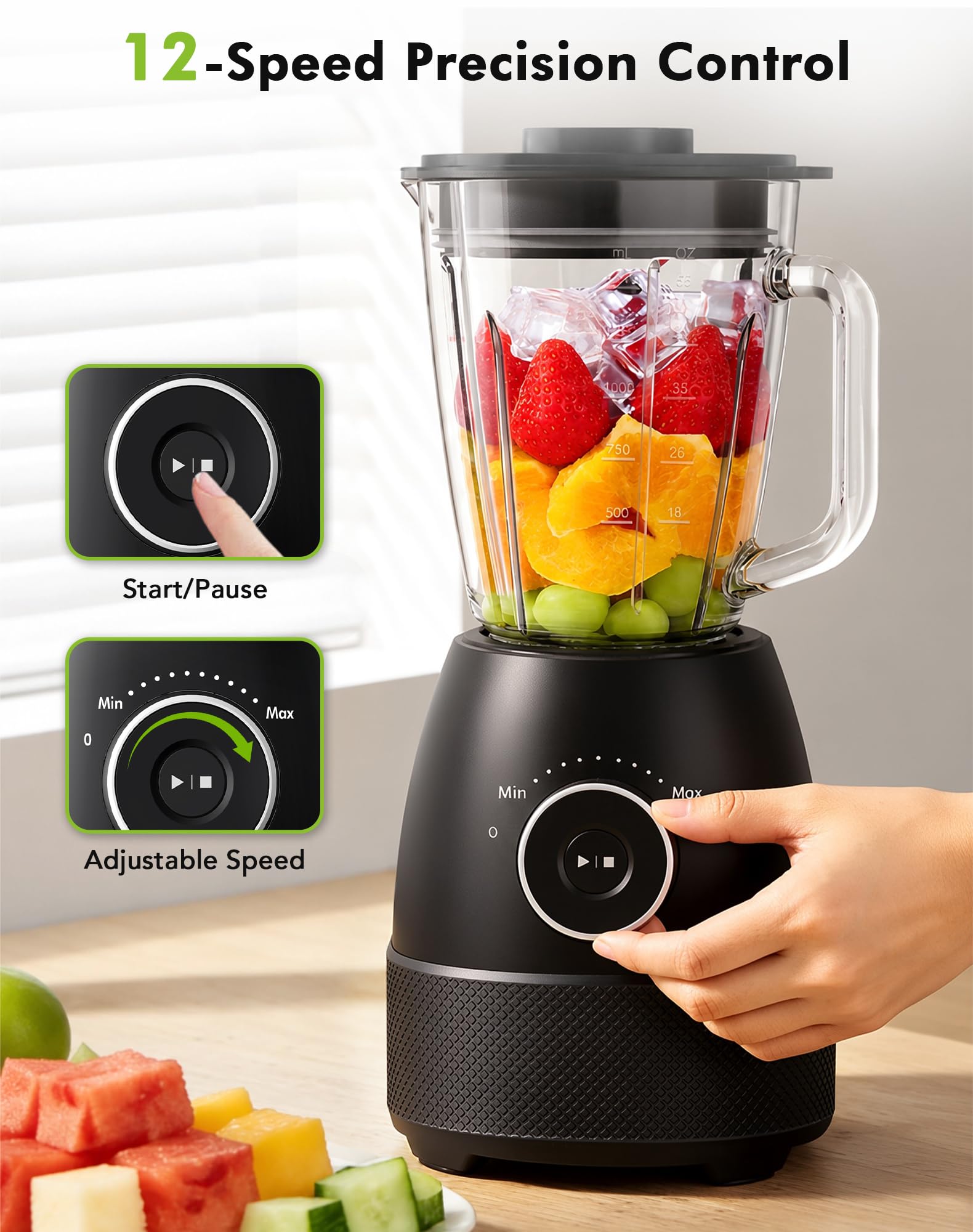 Blender blendera, 1500 W Smoothie blender 24000 obr/min, 12 regulowanych prędkości, 6 ostrzy ze stali nierdzewnej ze szklaną miską 1,5 l / butelka sportowa 600 ml bez BPA Łatwa obsługa i czyszczenie