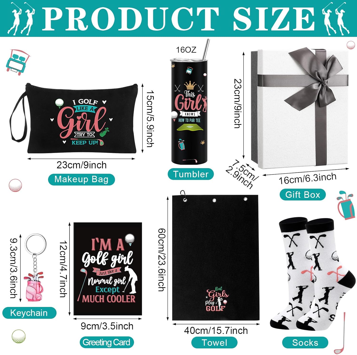 Geiserailie 7 Pcs Golf Gifts for Women Girls with 16oz Tumbler Makeup Bag Socks Towel Keychain Card Box for Golfer Lover Player Coach Graduation Mother's Day Birthday Gifts - Image 2