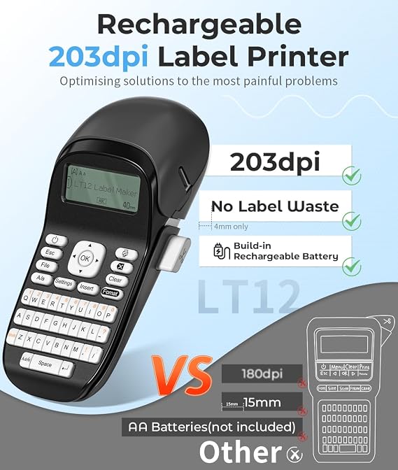 Phomemo Portable Label Maker Machine with Tape, LT12 Bluetooth Handheld Label Maker with QWERTY Keyboard, Rechargeable Inkless Labeler with Backlit Screen, with Multiple Fonts Borders for Organization