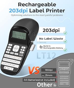 Phomemo Portable Label Maker Machine with Tape, LT12 Bluetooth Handheld Label Maker with QWERTY Keyboard, Rechargeable Inkless Labeler with Backlit Screen, with Multiple Fonts Borders for Organization
