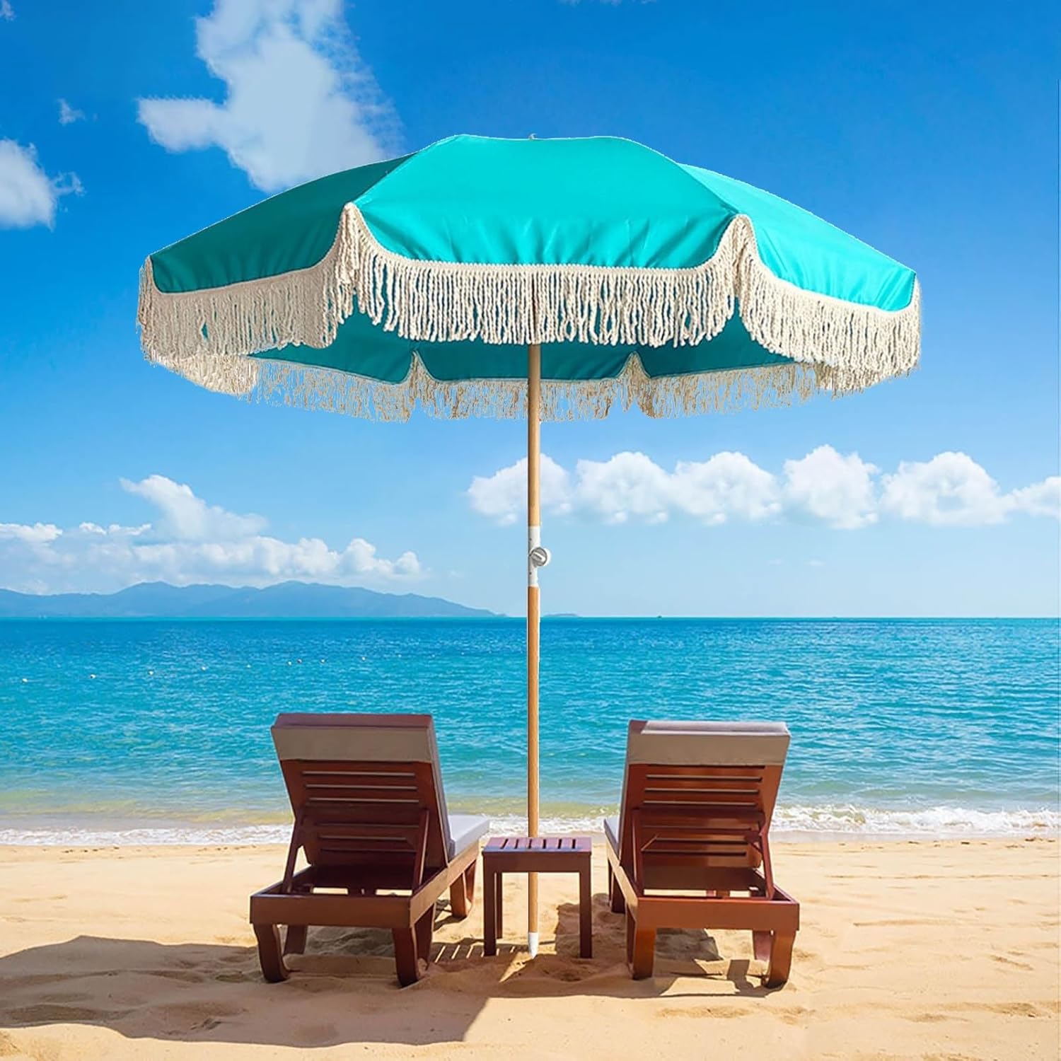 ELZEM 6ft Blue Boho Umbrella With Fringe Patio Umbrella With Tilt Beach Umbrella Upf 50+ 8 Ribs Patio Table Umbrella Waterproof Umbrella Outdoor Patio Foldable For Patios Backyard Beach