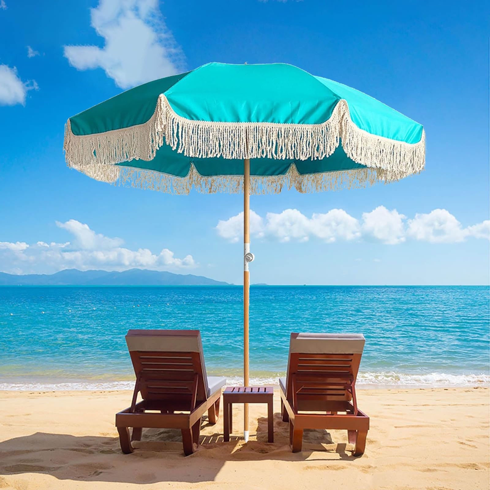 ELZEM 6ft Blue Boho Umbrella With Fringe Patio Umbrella With Tilt Beach Umbrella Upf 50+ 8 Ribs Patio Table Umbrella Waterproof Umbrella Outdoor Patio Foldable For Patios Backyard Beach