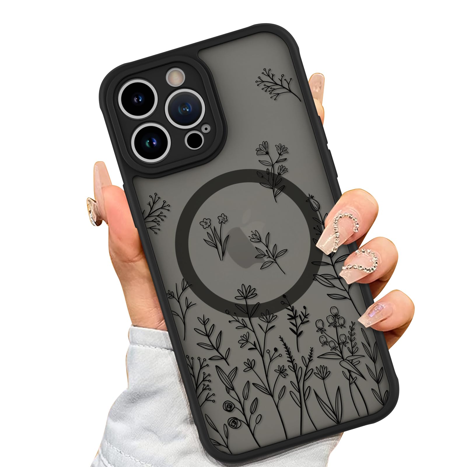 AIGOMARA Magnetic Case for iPhone 14 Pro Max [Compatible with MagSafe] Cute Black Flower Floral for Women Girls Soft TPU Bumper Hard PC Back Anti-Fall