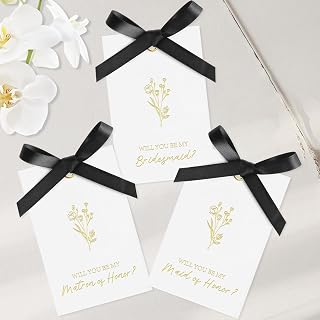 Bridal Shower Gift Card, Will You Walk Me Down The Aisle Proposal 8 Will You Be My Bridesmaid 2 Maid of Honor 1 Matron of Honor With Satin Bow Accents & Double-Sided Tape,11Pcs (Black)