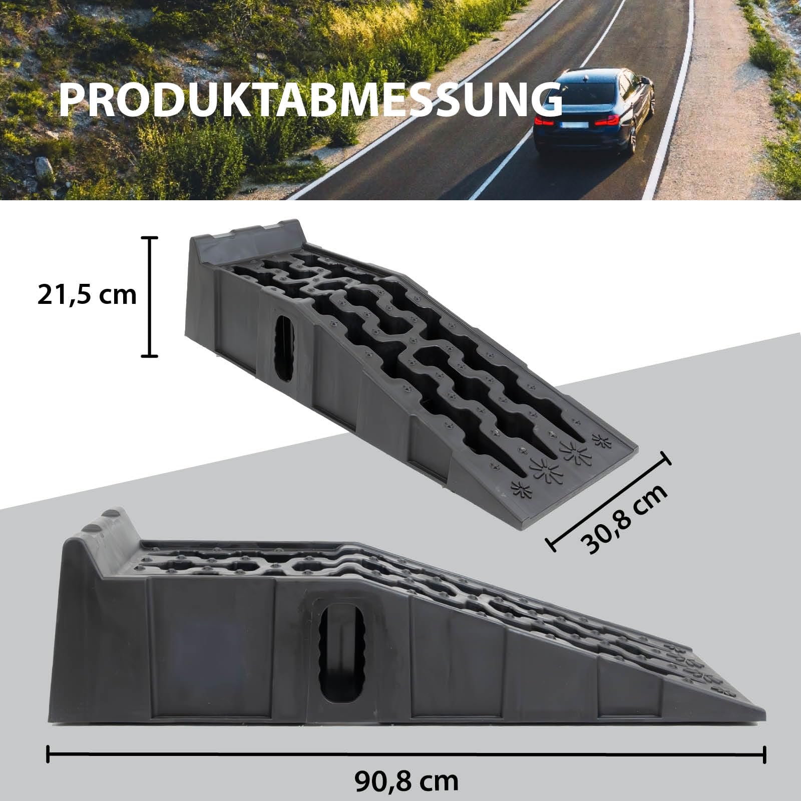 TRUTZHOLM 2 x Auffahrrampe mit Überfahrstopper 90x28x22 cm hochbelastbar 5t Traglast Kunststoff Auffahrkeil Wohnmobil PKW SUV rutschfeste Rampe für jeden Untergrund Kunststoff schwarz