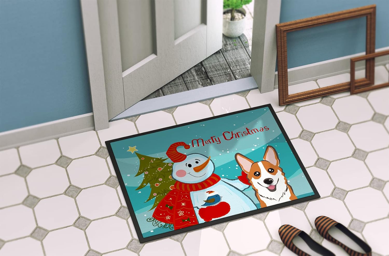Caroline's Treasures BB1874JMAT Snowman with Red Corgi Doormat 24x36 Front Door Mat Indoor Outdoor Rugs for Entryway, Non Slip Washable Low Pile, 24H X 36W
