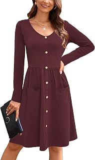OUGES Women's V Neck Button Down Skater Midi Dress with Pockets