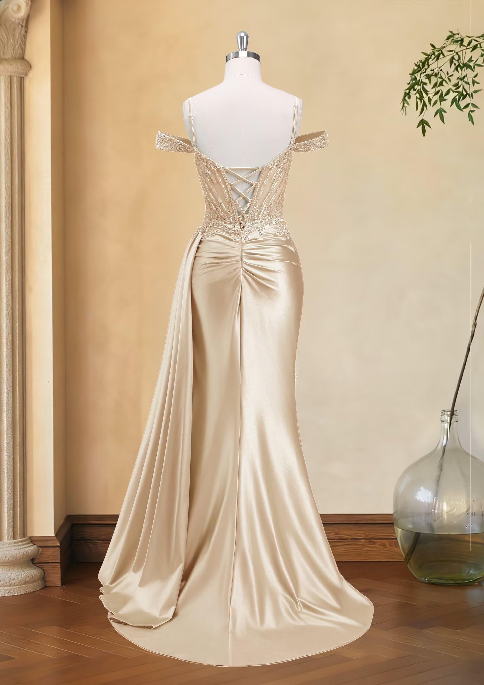 Schulterfreie Satin Ballkleider Damen Lang,Meerjungfrau Spitzen Abendkleider mit Schleppe Spaghettiträger Perlen Ballkleid mit Schlitz