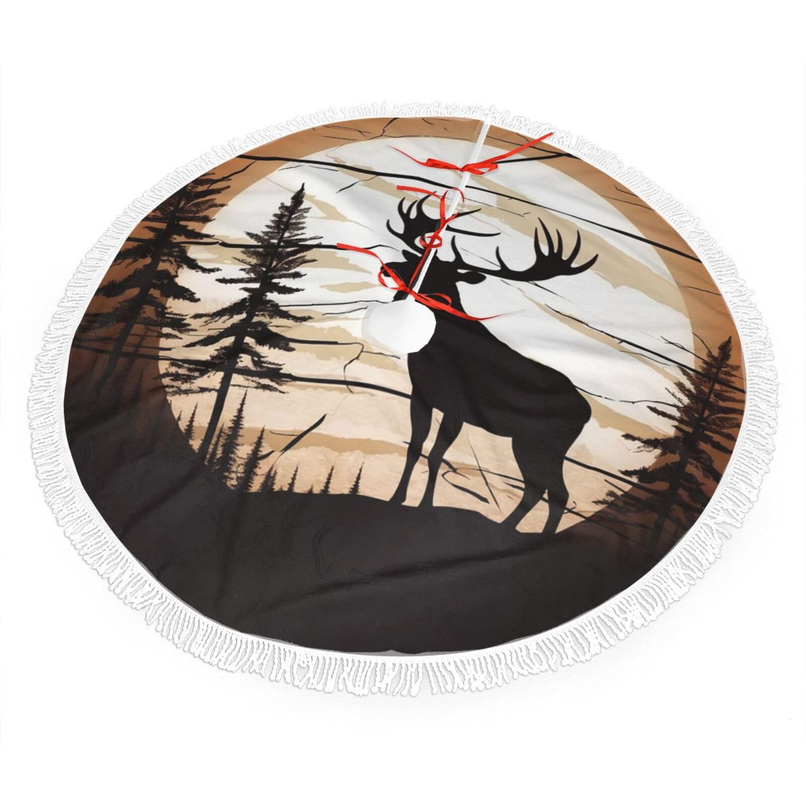 Wild Elk Silhouette Christmas Tree Skirt 48", Soft Plush Xmas Tree Carpet with Tassel Christmas Ornaments Winter Holiday Tree Mat Decoration for Home Party Supplies